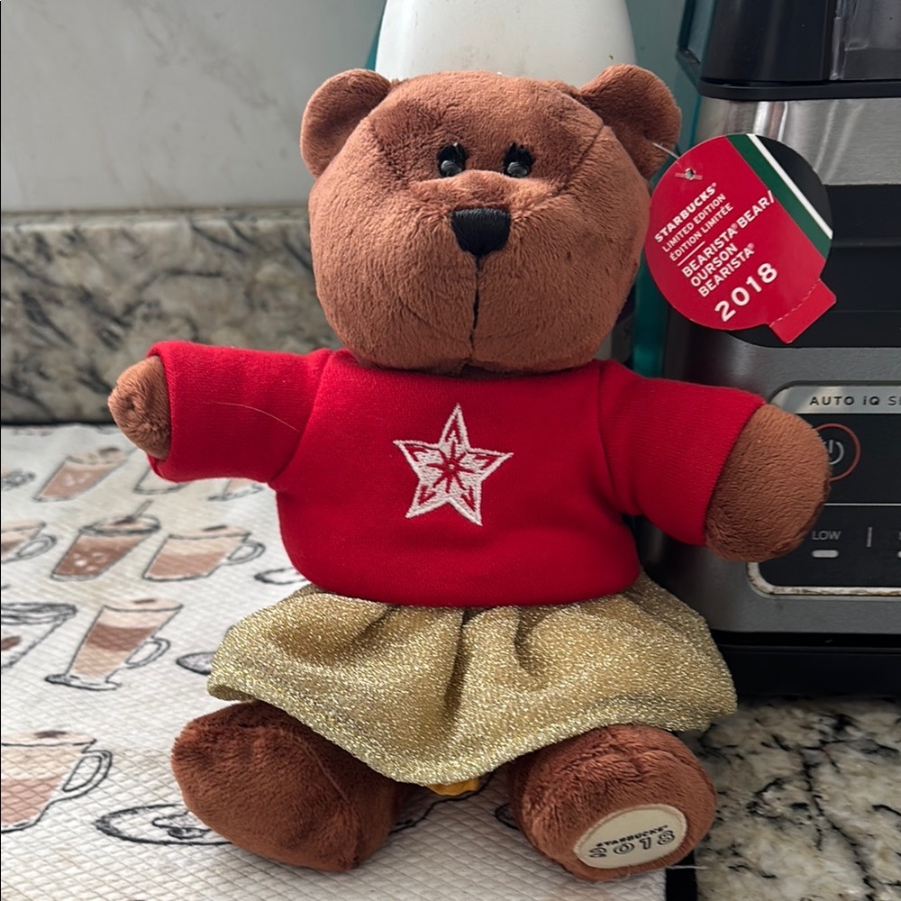 Starbucks Bearista Bear with Red Sweater and Gold Skirt